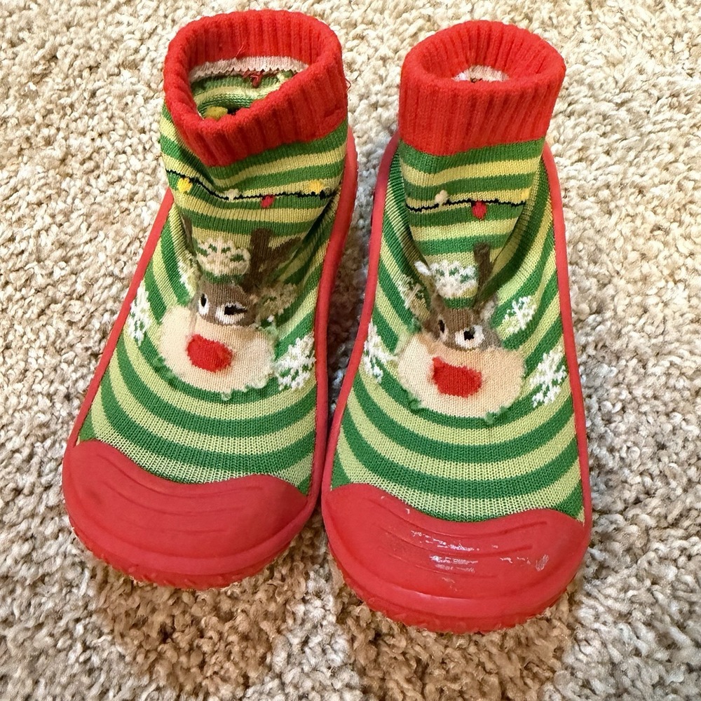 Aldi Baby Unisex Toddler Green Red Reindeer Pull On Sock Slippers Size 12-18 Mos